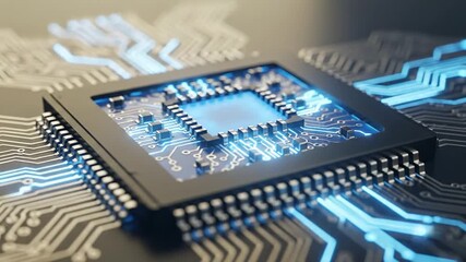 Close up of a computer processor chip on a circuit board with glowing blue lights. - Powered by Adobe