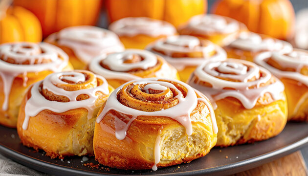 Pumpkin cinnamon rolls with sugar glaze, party platter. AI