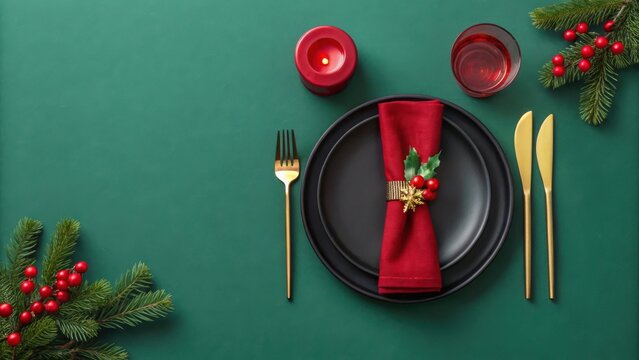Elegant christmas table setting with red napkin and gold cutlery