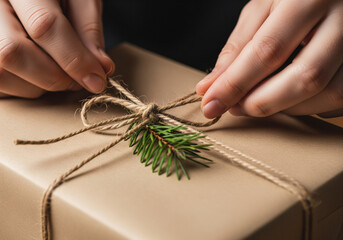 Hands meticulously adorning a thoughtful gift with festive twine and evergreen