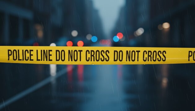 Yellow police line tape displaying police line do not cross blocking off a street area, indicating a crime scene or restricted access during a rainy night with blurred city lights - Powered by Adobe