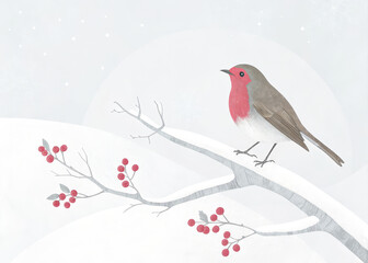 Naklejka premium Watercolor robin winter bird red breast snowy branch holly berries minimalist art soft pastel seasonal scene gentle calm nature illustration. Watercolor robin with red breast perches snowy branch