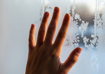 Hand on frosty window with snowflakes