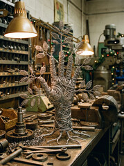 Wire sculpture of hand-shaped tree on workbench in metal workshop