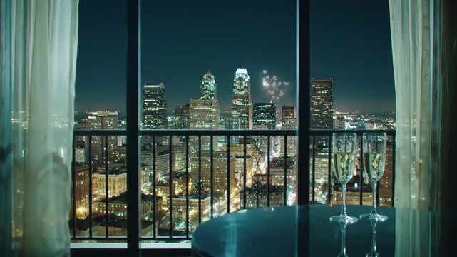 Luxury apartment balcony offering a stunning panoramic view of a vibrant city skyline at night, with two champagne flutes awaiting a celebration.