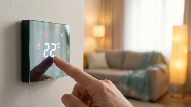 Hand adjusting smart home thermostat on wall, modern temperature control technology, energy saving device concept, cozy living room blurred background
