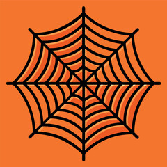 A clean spider web illustration on an orange background, with thick black lines and a symmetrical geometric pattern