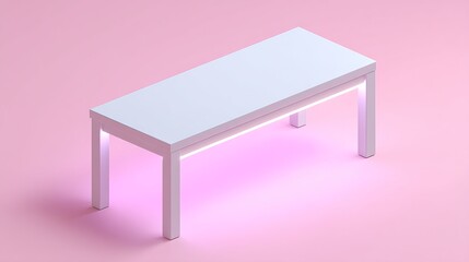 White minimal isometric bench with soft pink glow underneath representing purity, feminine design, and contemporary style