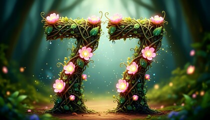 Decorative number 77 made of vines and flowers in a mystical forest  
