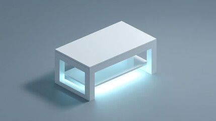 Isometric white coffee table with glowing undershelf symbolizing sleek technology and innovative storage solution