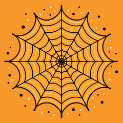 A clean spider web illustration on an orange background, with thick black lines and a symmetrical geometric pattern