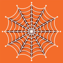 A clean spider web illustration on an orange background, with thick black lines and a symmetrical geometric pattern