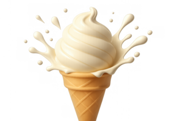 Vanilla soft serve ice cream cone with creamy splash, melting and dripping, summer dessert concept isolated