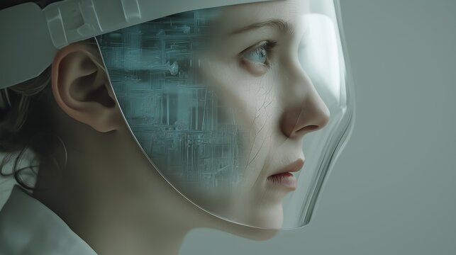 Medical technology concept shows female scientist wearing a transparent diagnostic visor with integrated digital circuitry. Concept supports commercial themes of healthcare innovation