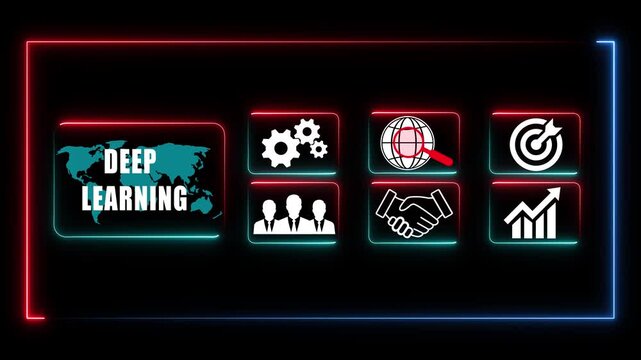 Glowing neon line banner of deep learning concept with icons of branding, advertising, devices, internet and target isolated on transparent background.	