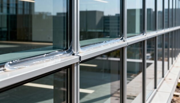Medium shot showing the precise application of sealant between glass panels on a curtain wall for a modern office building