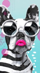 Abstract surreal french bulldog portrait with large clear sunglass and bold pink lipstick symbolizing quirky fashion and pop culture aesthetic