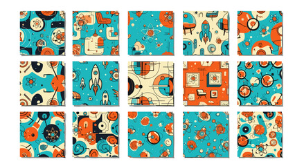 Retro space pattern with rockets, planets, and abstract shapes