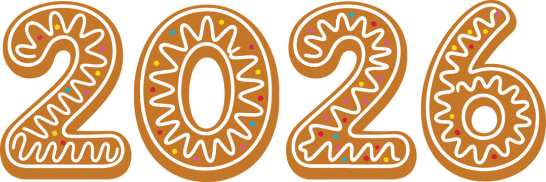 A detailed flat vector illustration of the number 2026 designed as gingerbread cookies with intricate white icing patterns and colorful sprinkles,