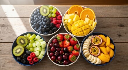 Colorful Fruit Bowls Arrangement on Wooden Table