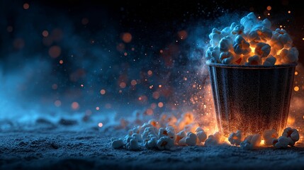 Cinematic food explosion concept highlights popcorn ignited with dramatic lighting to support advertising related to cinema marketing, snack branding, food campaigns, and entertainment promotions