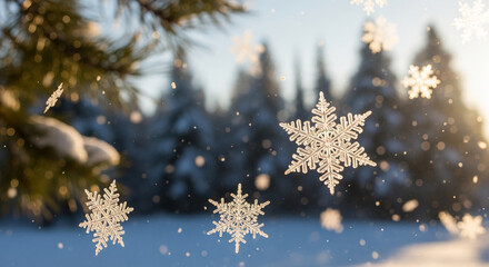 Blurred landscape with snow-covered trees and falling flakes, symbolizing winter, coldness, and festive mood, ideal for seasonal or holiday themes