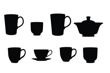 Coffee and Tea Cup Silhouettes Vector Set, Collection of Mugs and Teaware for Hot Beverages