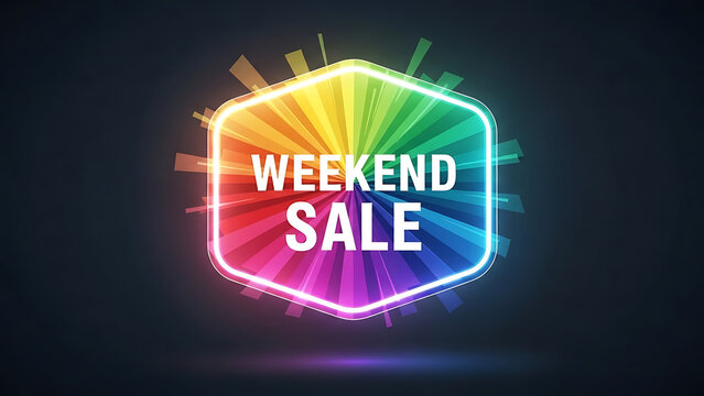 Weekend sale promotion with colorful neon hexagon frame and radial rays, perfect for advertising discounts and special offers on a dark background - Powered by Adobe