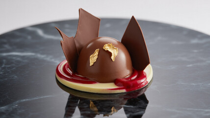 Dessert chocolate dome with gold leaf and berry sauce