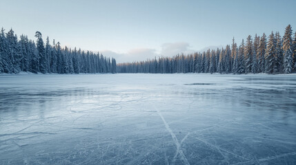 Ice covered lake with snowy forest in winter landscape