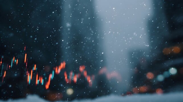 A financial market graph displayed amidst falling snow and blurred city lights