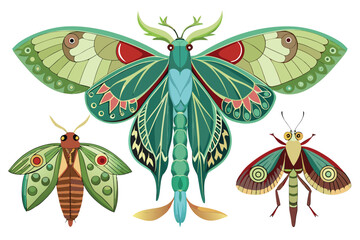 Decorative Green Moth and Insects Vector Set