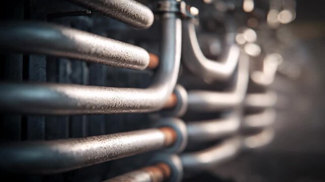 Medium shot focusing on heat exchanger coils processing residual heat flows for efficient power regeneration.