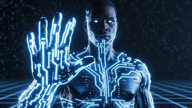 Close-up of a man's face and hand with glowing blue cybernetic circuitry robot.