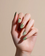 Minimalist geometric nail art design featuring sage green base with elegant gold metallic accents on fingers for modern beauty and fashion aesthetic. Contemporary beauty fashion and nail art concept.