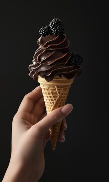 soft chocolate ice cream with blackberries. Creamy chocolate ice cream in a waffle cone with smooth curls, decorated with fresh blackberries on a black background.