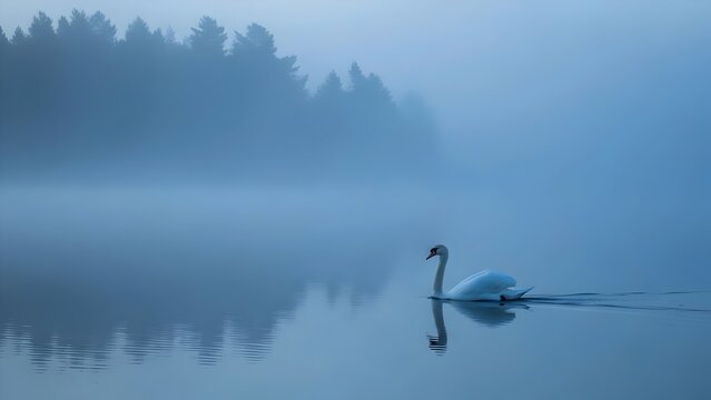 Swan in Foggy Lake - Powered by Adobe