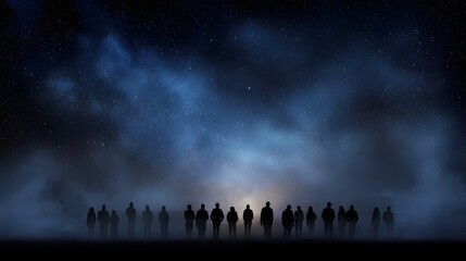 Naklejka premium A diverse group of silhouetted figures stand together gazing upwards at a breathtaking star filled night sky shrouded in atmospheric mist