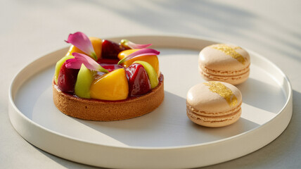 Fruit tart dessert with fresh fruits and macarons on a plate.