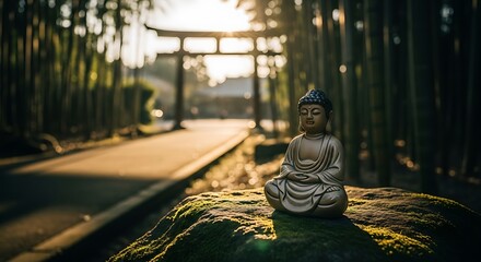 Serene Buddha Statue in a Japanese Garden at Sunrise.