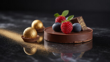 Chocolate dessert with raspberry and blueberry on dark background
