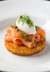 Smoked Salmon Blini Appetizer with Sour Cream, Capers, and Fresh Dill on a White Plate