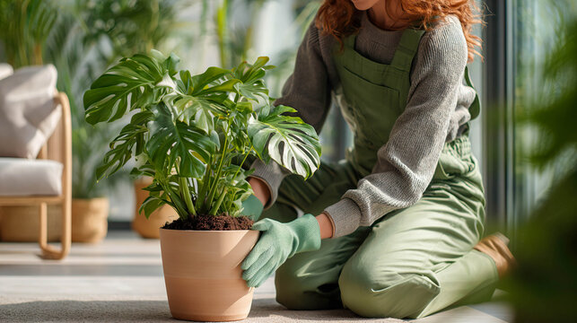 Gardening enthusiast repotting a Monstera plant in a bright indoor space during the afternoon Generative AI