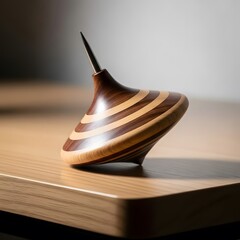 Handcrafted Striped Wooden Spinning Top on Wood Table