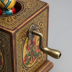 Vintage Jack-in-the-Box Musical Toy with Ornate Golden Pattern, Metal Crank Handle, and Colorful Wooden Doll Peeking Out