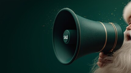 Santa Claus holding green megaphone announcing holiday sale for strong retail messaging and Christmas marketing impact. Powerful promotional visual supports high-conversion ads and seasonal commercial