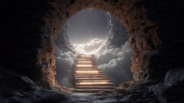 Surreal Stairway Leading Through Cave Entrance into Mystical Cloudscape Under Starry Night Sky in Fantasy Landscape