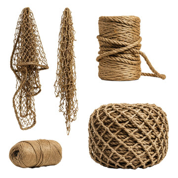 Four rustic fishing gear elements like a net, twine, and ropes made of natural fiber isolated on a white background. Traditional maritime industry concept