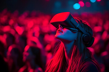 Young person immersed in colorful futuristic experience wearing VR headset, generative AI entertainment