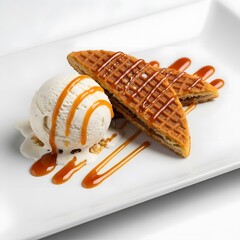 Vanilla Ice Cream and Crispy Waffle Triangles Drizzled with Caramel Sauce on a White Plate